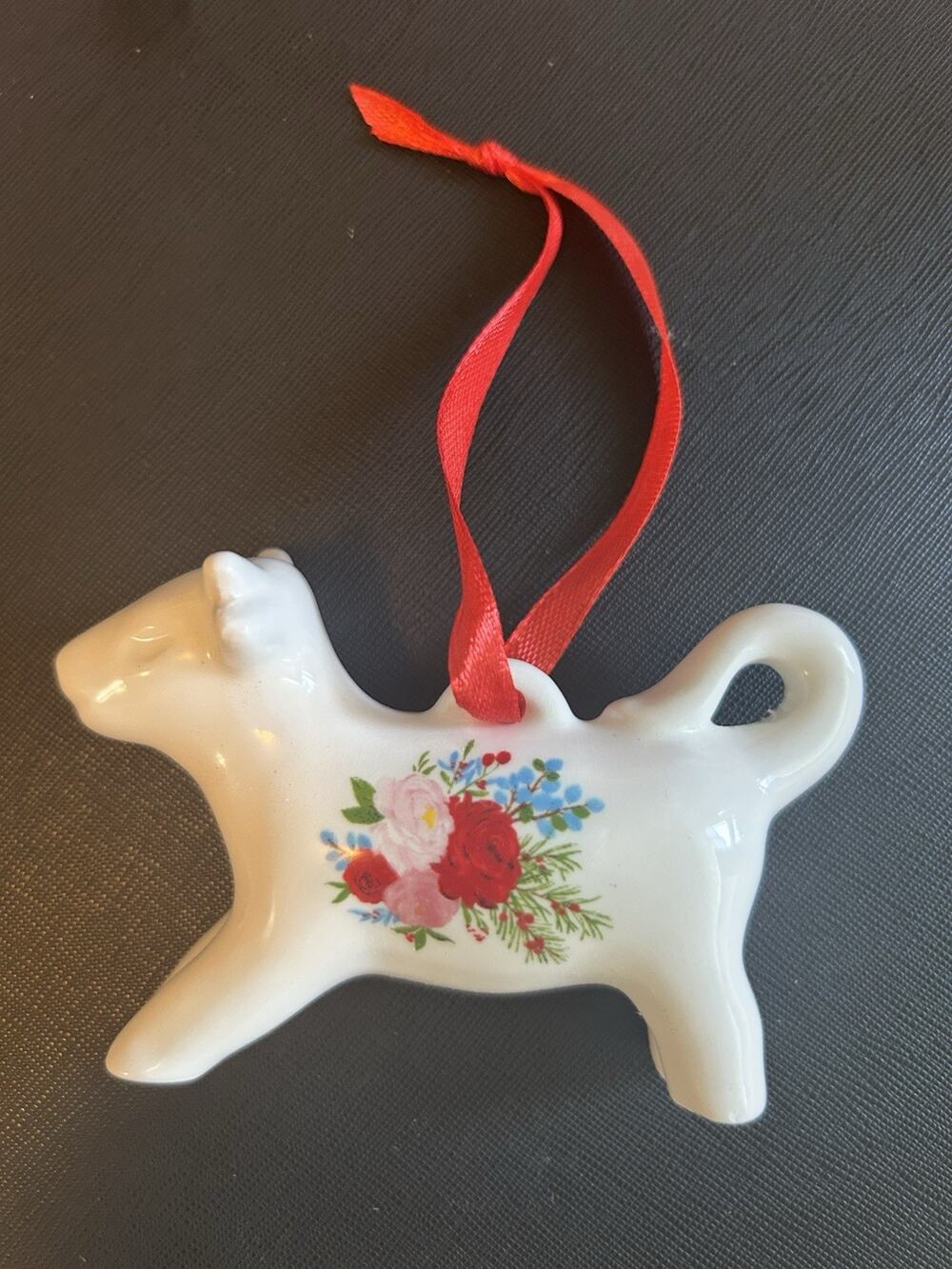 Pioneer Woman Cheerful Rose Cow Christmas Ornament White Floral Ceramic